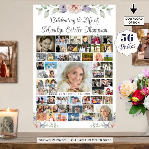 Memorial Floral Greenery 56 Photo Collage Poster