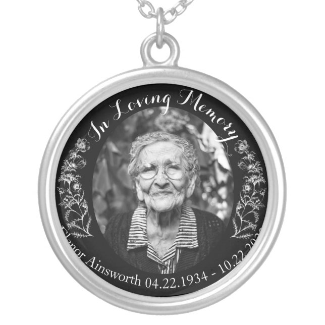 Memorial Floral Photo Remembrance Tribute Black Silver Plated Necklace (Front)