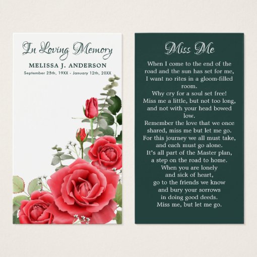 Memorial Floral Red Roses Funeral Prayer Card | Zazzle