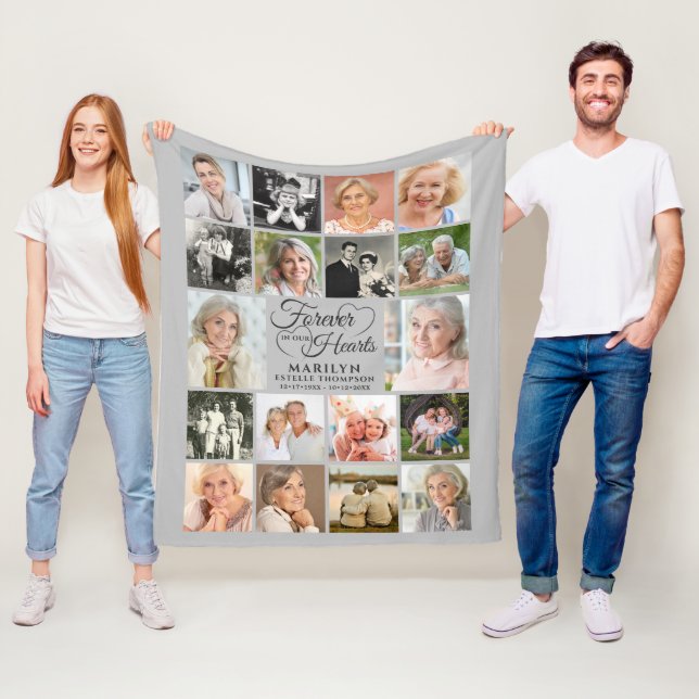 Memorial FOREVER IN OUR HEARTS 18 Photo Collage Fleece Blanket (In Situ)