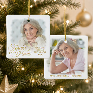 Memorial FOREVER IN OUR HEARTS 2 Photo Gold Ceramic Ornament