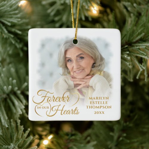 Memorial FOREVER IN OUR HEARTS 2 Photo Gold Ceramic Ornament