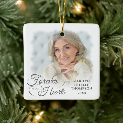 Memorial FOREVER IN OUR HEARTS 2 Photo Silver Gray Ceramic Ornament