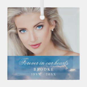 Memorial forever in our hearts photo blue sky glass ornament