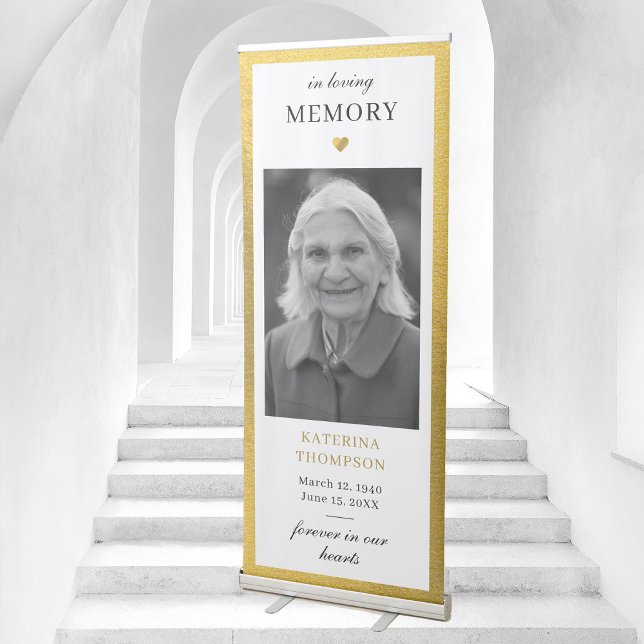 Memorial Forever in Our Hearts Photo Funeral Gold Retractable Banner (Memorial Forever in Our Hearts Photo Funeral Gold Retractable Banner)