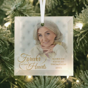 Memorial FOREVER IN OUR HEARTS Photo Gold Glass Ornament