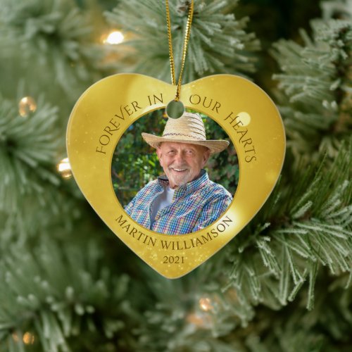 Memorial FOREVER IN OUR HEARTS Photo Gold Keepsake Ceramic Ornament