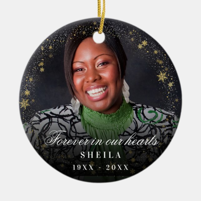 Memorial forever in our hearts photo gold snow ceramic ornament (Front)