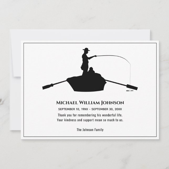 Memorial Funeral Black And White Forever Fishing Thank You Card (Front)