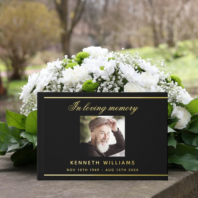Memorial funeral black gold photo foil guest book  (Creator Uploaded)