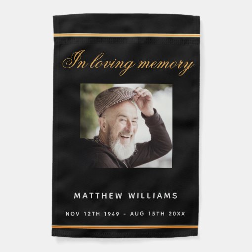 Memorial funeral black gold photo garden flag | Zazzle