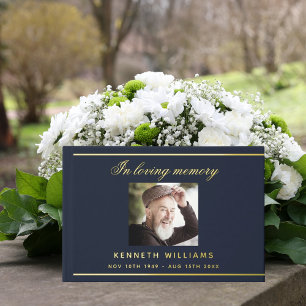 Memorial funeral blue gold photo foil guest book