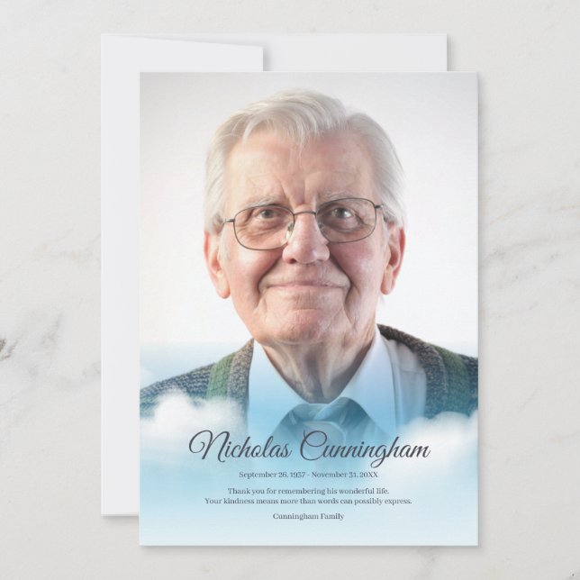 Memorial Funeral Clouds in Heaven Modern Photo Thank You Card (Front)