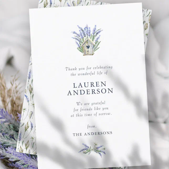 Memorial Funeral Country Rustic Lavender Flowers Thank You Card | Zazzle