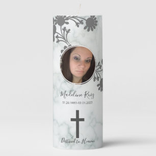 Memorial Funeral Cross Photo Floral Motif Marble Pillar Candle