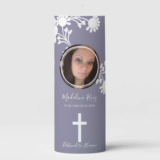 Memorial Funeral Cross Photo Floral  Motif Pillar Candle (Front)