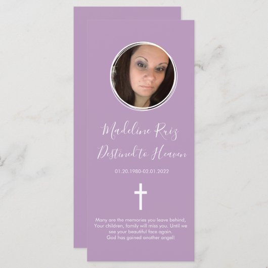 Memorial Funeral Cross Photo Purple Bookmark (Front/Back)