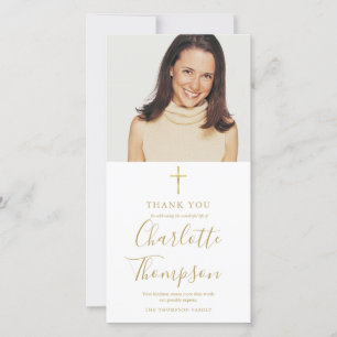 Memorial Funeral Elegant Gold Cross Simple Photo Thank You Card