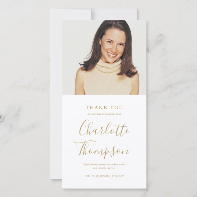 Memorial Funeral Elegant Gold Script Photo Thank You Card (Front)