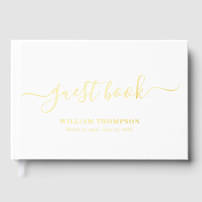 Memorial Funeral Elegant Script Gold White Foil Guest Book (Front)