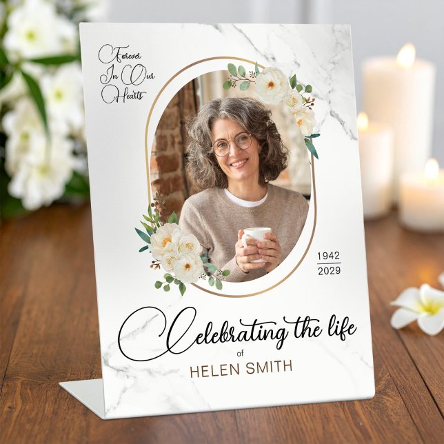 Memorial Funeral Floral Elegant Photo White Pedestal Sign (Memorial Funeral Floral Elegant Photo White Pedestal Sign, Loss of Loved One)