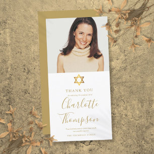 Memorial Funeral Gold Jewish Star of David Photo Thank You Card