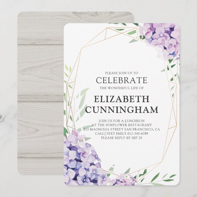 Memorial Funeral Hydrangea Lilac Floral Geometric Invitation (Front/Back)