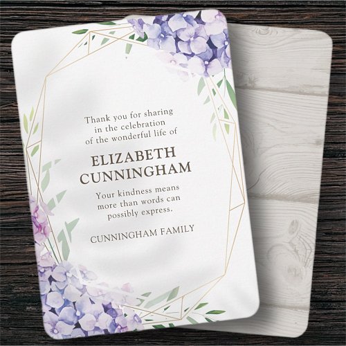 Memorial Funeral Hydrangea Lilac Floral Geometric Thank You Card
