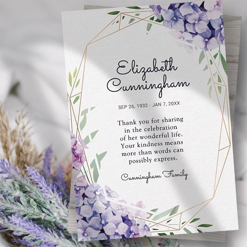 Memorial Funeral Hydrangea Lilac Flowers Geometric Thank You Card