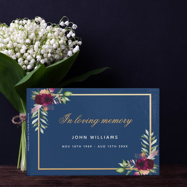Memorial funeral in loving memory blue gold floral guest book (Creator Uploaded)