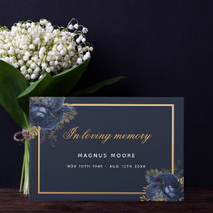 Memorial funeral in loving memory blue gold floral guest book