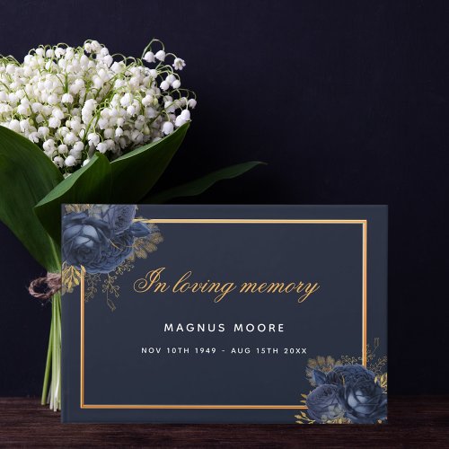 Memorial funeral in loving memory blue gold floral guest book