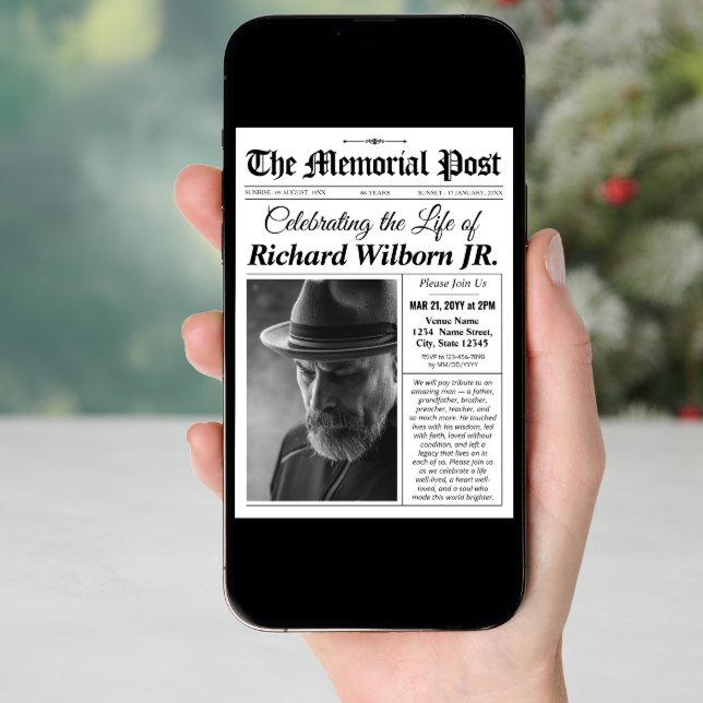Memorial Funeral Invitation Newspaper Invite (Front Digital)