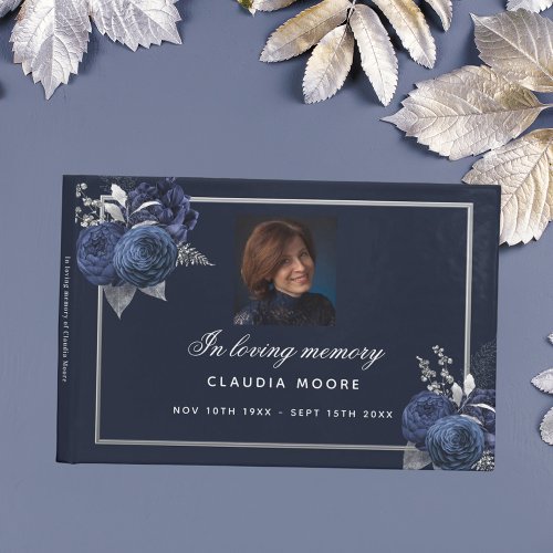 Memorial funeral loving memory blue floral photo guest book