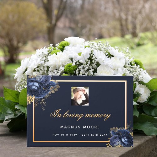 Memorial funeral loving memory blue floral photo guest book