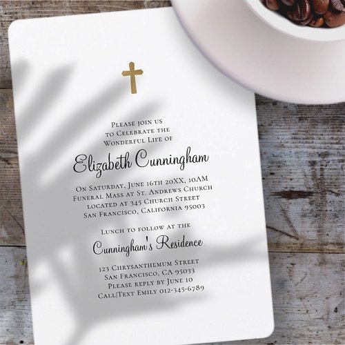 Memorial Funeral  Minimalist with Faux Gold Cross Invitation