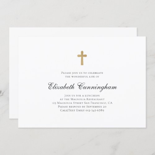 Memorial Funeral Minimalist with Faux Gold Cross Invitation