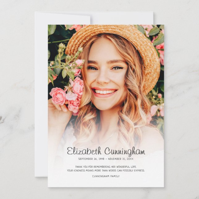 Memorial Funeral Modern Simple Cursive Photo Thank You Card (Front)