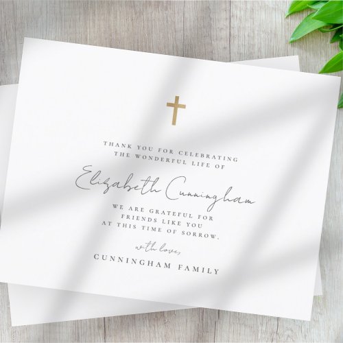 Memorial Funeral Modern Simple Faux Gold Cross Thank You Card