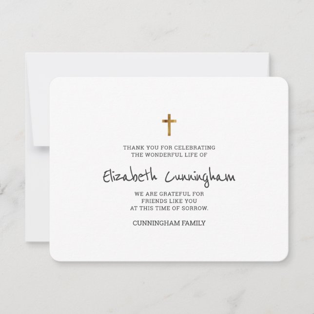 Memorial Funeral Modern Simple Gold Cross Thank You Card (Front)