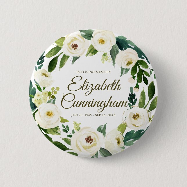 Memorial Funeral Modern Watercolor Floral Foliage Button (Front)