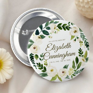 Memorial Funeral Modern Watercolor Floral Foliage Button