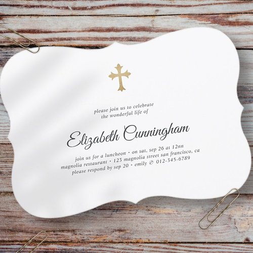 Memorial Funeral Modern with Faux Gold Cross Invitation