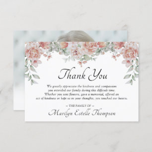 Memorial Funeral Pink Floral Watercolor Photo Thank You Card