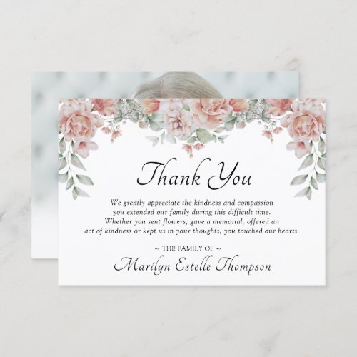 Memorial Funeral Pink Floral Watercolor Photo Thank You Card