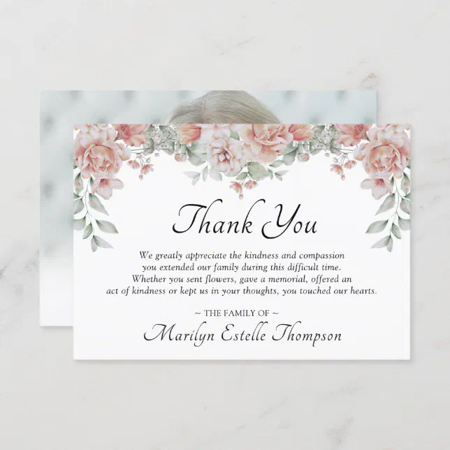 Memorial Funeral Pink Floral Watercolor Photo Thank You Card 