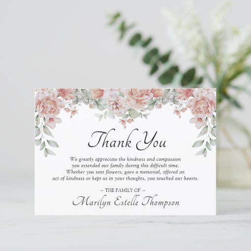 Memorial Funeral Pink Floral Watercolor Photo Thank You Card | Zazzle