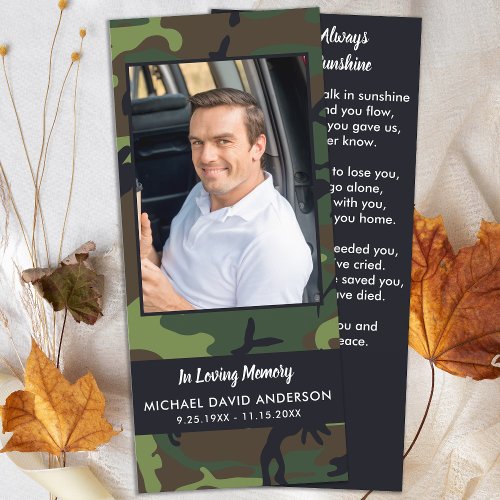 Memorial Funeral Prayer Card Bookmark Camo Photo