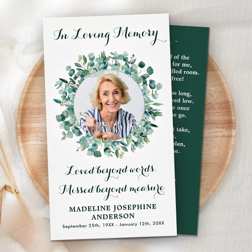 Memorial Funeral Prayer Card Eucalyptus Greenery 