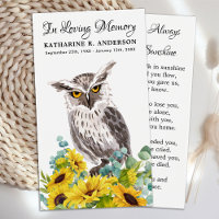 Memorial Funeral Prayer Card Owl Bird Sunflowers